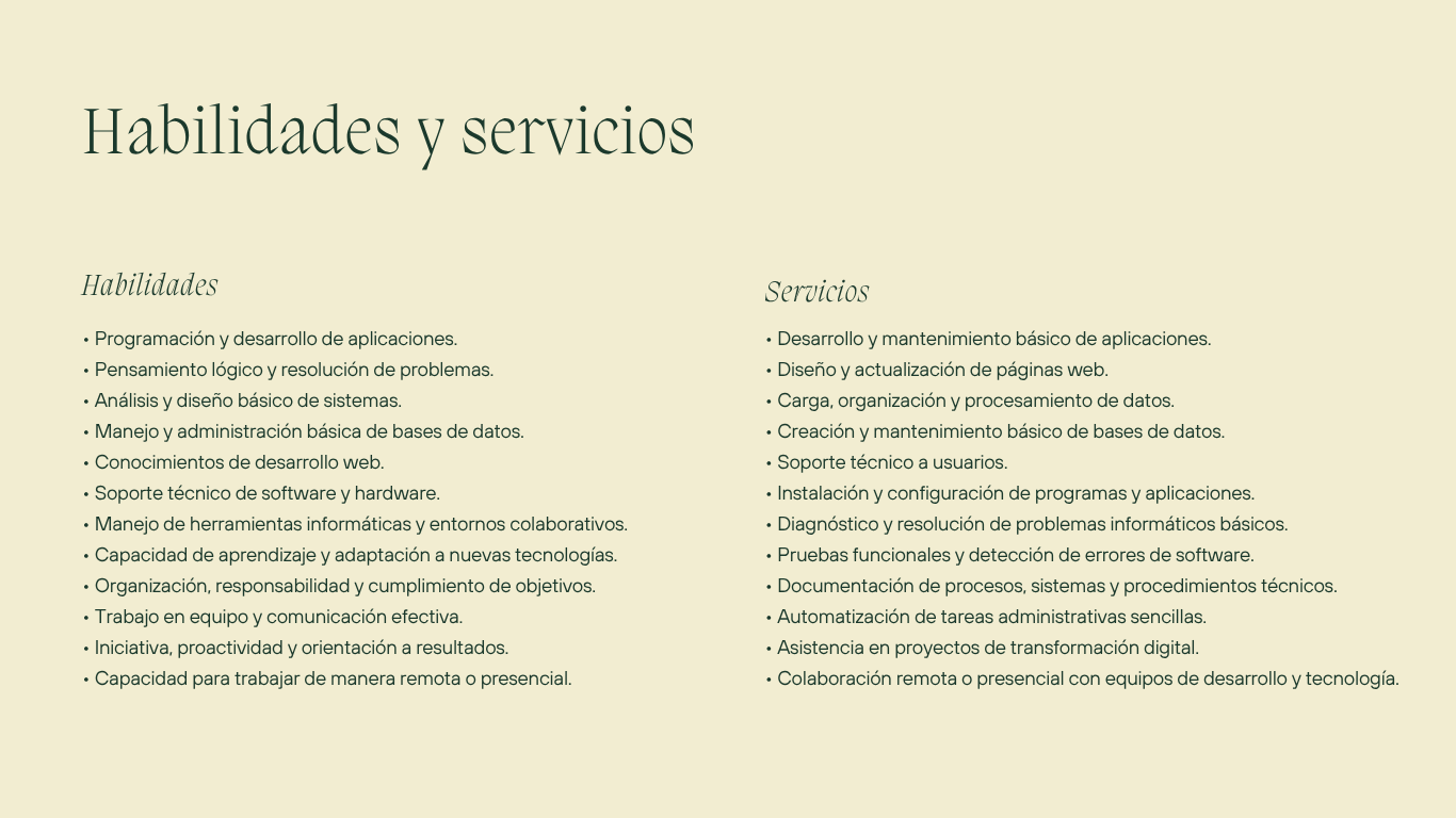Listado de habilidades técnicas, profesionales y servicios informáticos
